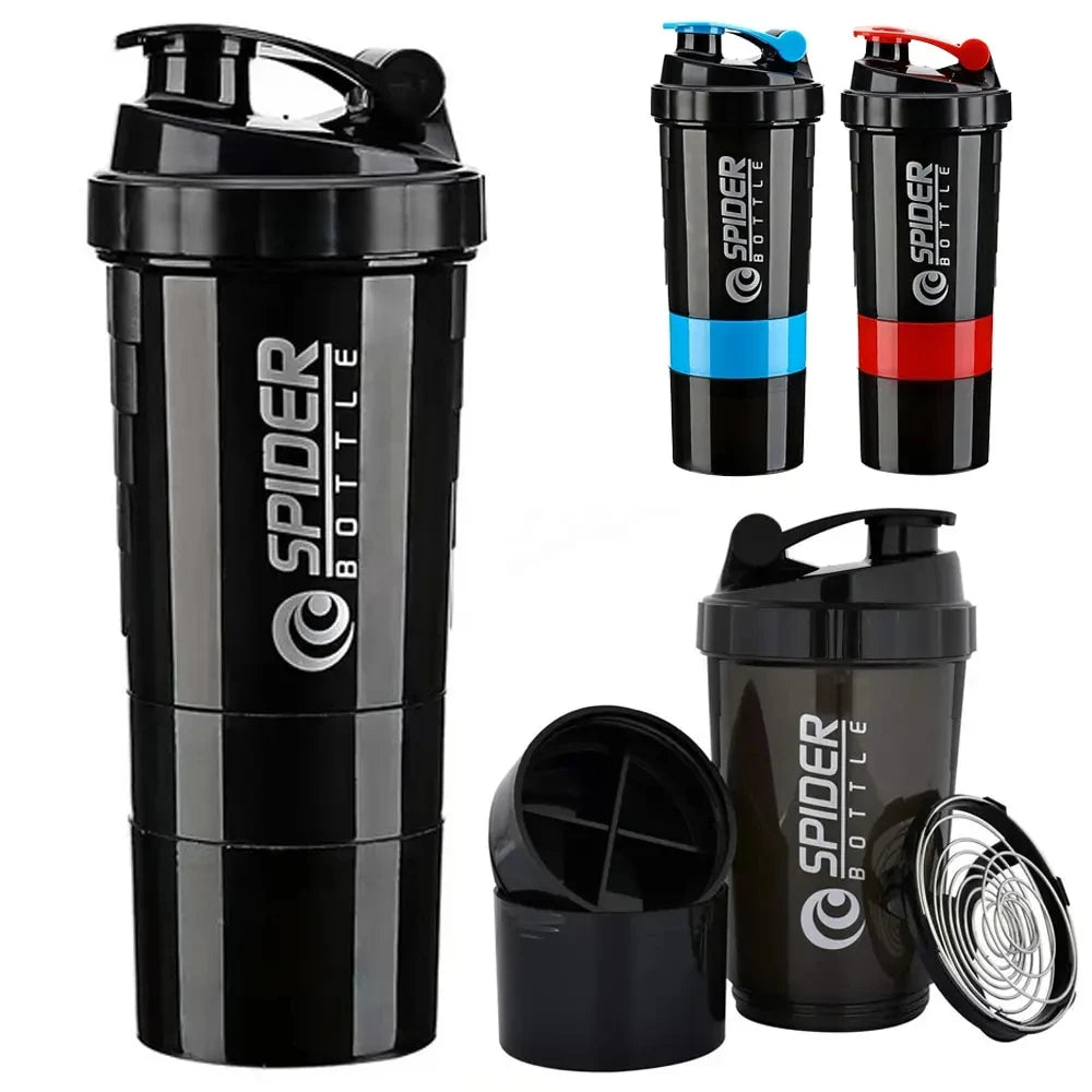 1pc Protein Shaker Bottle Portable 16oz Powder Shake Cup 3 Layers  Shaker Protein Bottle with 3oz twist-off cups & pill tray