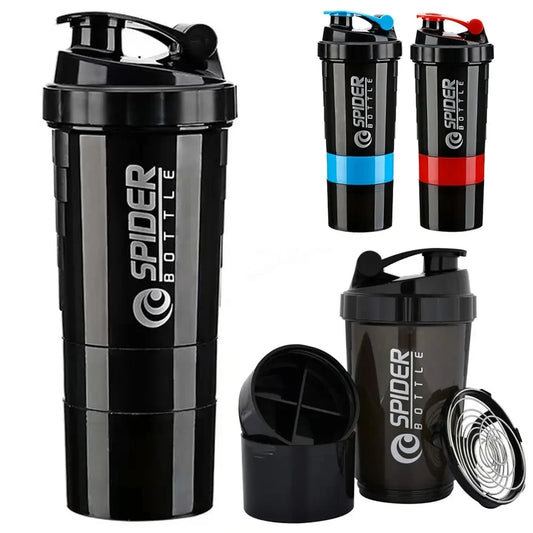 1pc Protein Shaker Bottle Portable 16oz Powder Shake Cup 3 Layers  Shaker Protein Bottle with 3oz twist-off cups & pill tray
