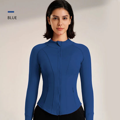 Women's Sport Jackets Zipper Slim Yoga Coat Quick Dry Running Jacket Elastic Long Sleeve Thumb Hole Gym Fitness Top