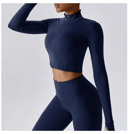 Women Zip Yoga Jacket Outdoor Running Sports Jacket Gym Push Up Fitness Long Sleeved Jacket Quick Drying Thumb Button Yoga Top