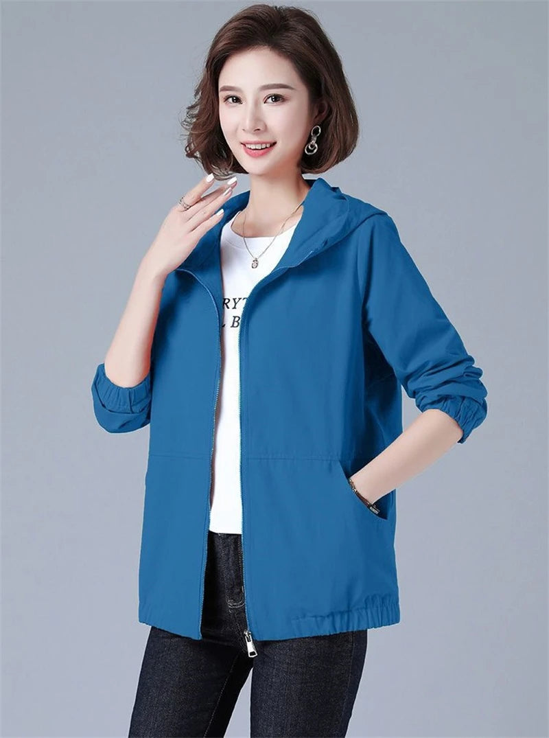 Women’s Jacket 2023 New Autumn Long Sleeve Casual Windbreaker Famale Hooded Pocket Zipper Bomber Jacket Loose Outerwear 6XL