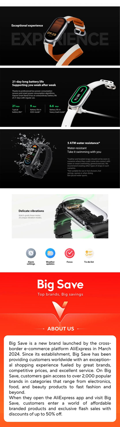 Global Version Xiaomi Smart Band 9 1.62‘’ AMOLED Display 21 Days Battery Life Supports 150+ Sports Modes 5ATM Bluetooth 5.4
