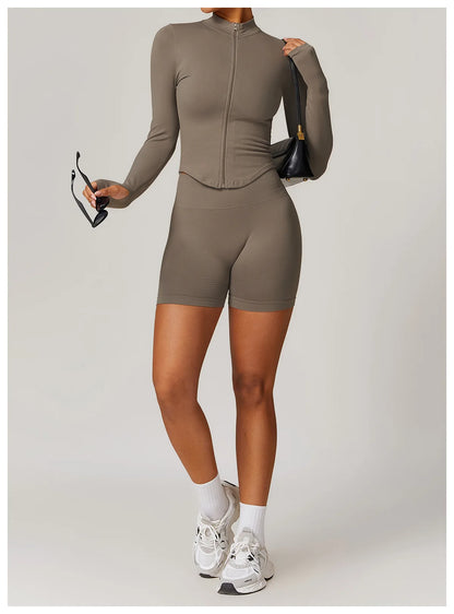 Zipper Jacket Women Crop Tops Yoga T-shirts Solid Sports Top Long Sleeve Running Shirts Sexy Quick Dry Fitness Gym Sport Wear
