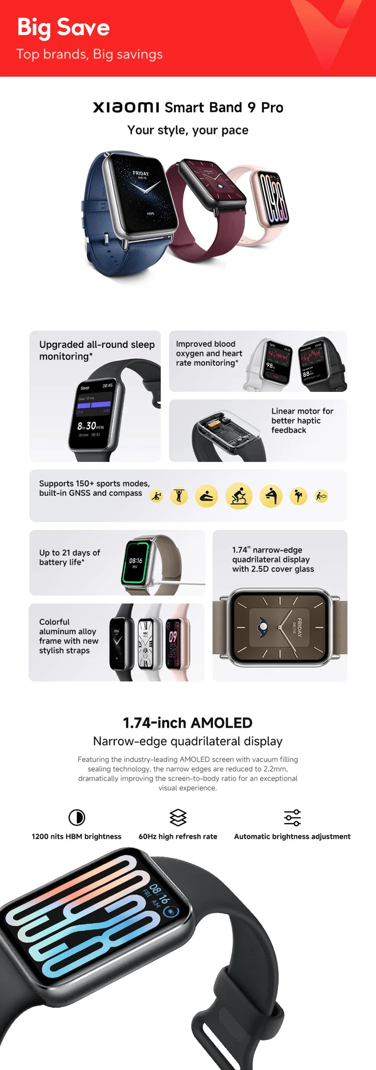 Global Version Xiaomi Smart Band 9 Pro Smartband 1.74" AMOLED Display Blood Oxygen Sport GPS Smart Watch Bracelets Mi Band