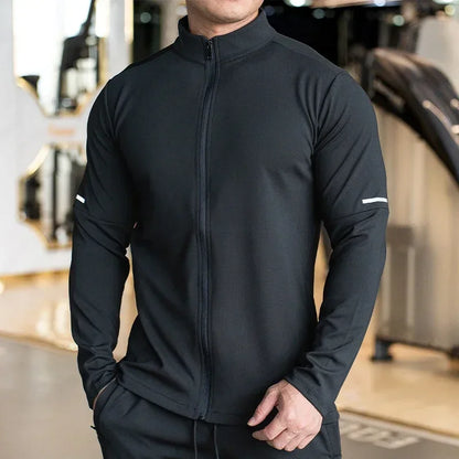 Men's Sports Fitness Casual Tops Long Sleeve Stand Up Collar Solid Colour Jacket Jogging Workout Sweatshirt with Zip Running