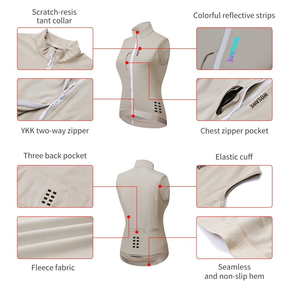 WOSAWE Thermal Winter Cycling Vest Windproof Bike Jacket Sleeveless Windbreaker Back Pockets for Men and Women