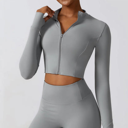 Women Zip Yoga Jacket Outdoor Running Sports Jacket Gym Push Up Fitness Long Sleeved Jacket Quick Drying Thumb Button Yoga Top