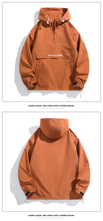 New Men Spring Autumn Waterproof Casual Versatile Top Japanese Korean Streetwear Fashion Loose Pullover Half Zip Hooded Jacket