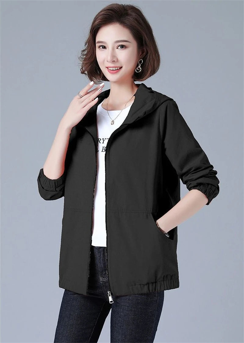 Women’s Jacket 2023 New Autumn Long Sleeve Casual Windbreaker Famale Hooded Pocket Zipper Bomber Jacket Loose Outerwear 6XL