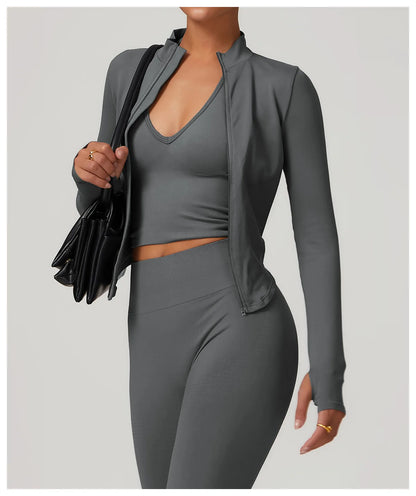 Zipper Jacket Women Crop Tops Yoga T-shirts Solid Sports Top Long Sleeve Running Shirts Sexy Quick Dry Fitness Gym Sport Wear