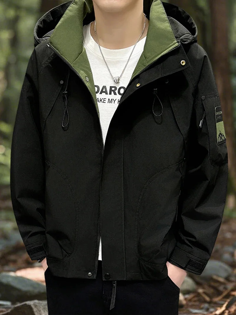 Waterproof Camping Jacket Men Outdoor Softshell Zip Up Hooded Cargo Jacket Man Windbreaker Hiking Coat Lightweight Spring Autumn