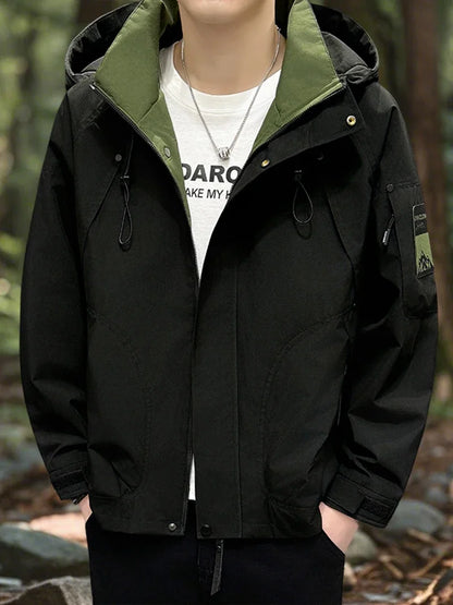 Waterproof Camping Jacket Men Outdoor Softshell Zip Up Hooded Cargo Jacket Man Windbreaker Hiking Coat Lightweight Spring Autumn