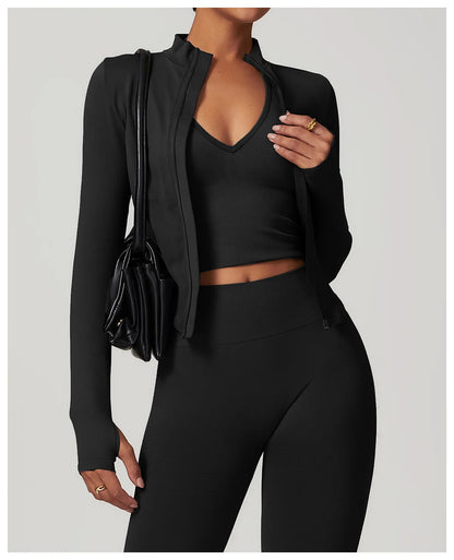 Zipper Jacket Women Crop Tops Yoga T-shirts Solid Sports Top Long Sleeve Running Shirts Sexy Quick Dry Fitness Gym Sport Wear