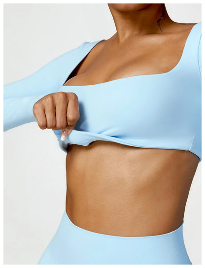 Hearuisavy Casual Quick Dry Sportswear Women Square Neck Gym Top Women Fitness Sports Crop Top Female Long Sleeve Yoga Clothing