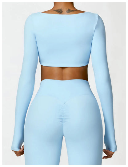 Hearuisavy Casual Quick Dry Sportswear Women Square Neck Gym Top Women Fitness Sports Crop Top Female Long Sleeve Yoga Clothing