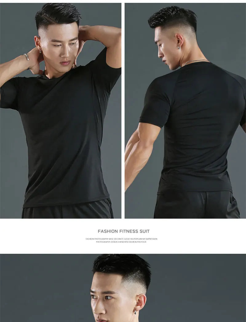 Sports T-shirt men's quick drying short sleeved sports T-shirt top gym fitness tight fitting shirt training running T-shirt men'