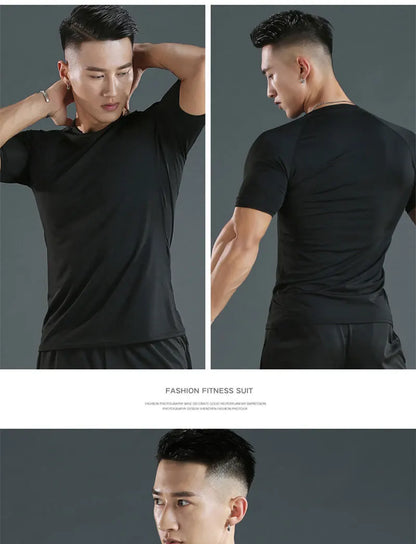 Sports T-shirt men's quick drying short sleeved sports T-shirt top gym fitness tight fitting shirt training running T-shirt men'