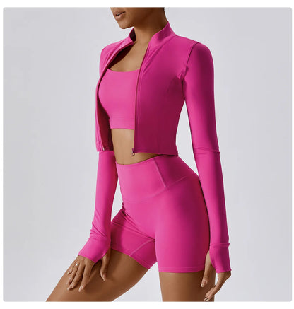 Women Zip Yoga Jacket Outdoor Running Sports Jacket Gym Push Up Fitness Long Sleeved Jacket Quick Drying Thumb Button Yoga Top