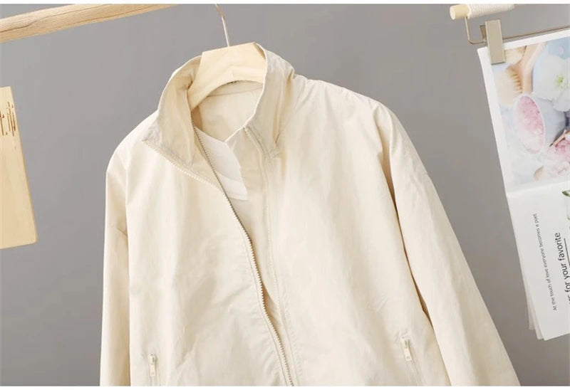 Spring Autumn Thin Cardigan Jacket Women's 2025 Jackets Zipper Long Sleeve Simple Fashionable Solid High-necked Female Coat Tops