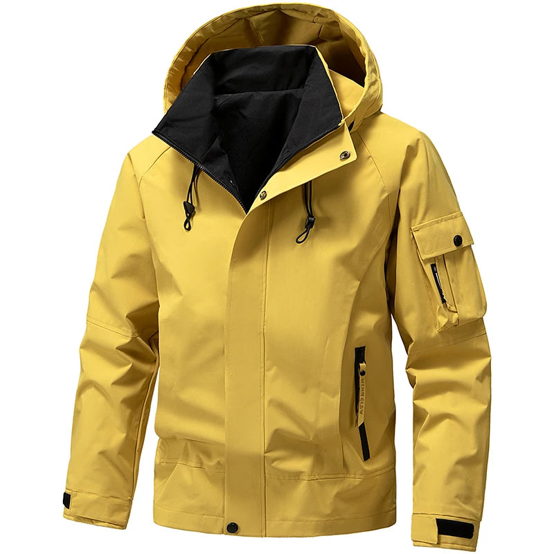 Waterproof Camping Jacket Men Outdoor Softshell Zip Up Hooded Cargo Jacket Man Windbreaker Hiking Coat Lightweight Spring Autumn