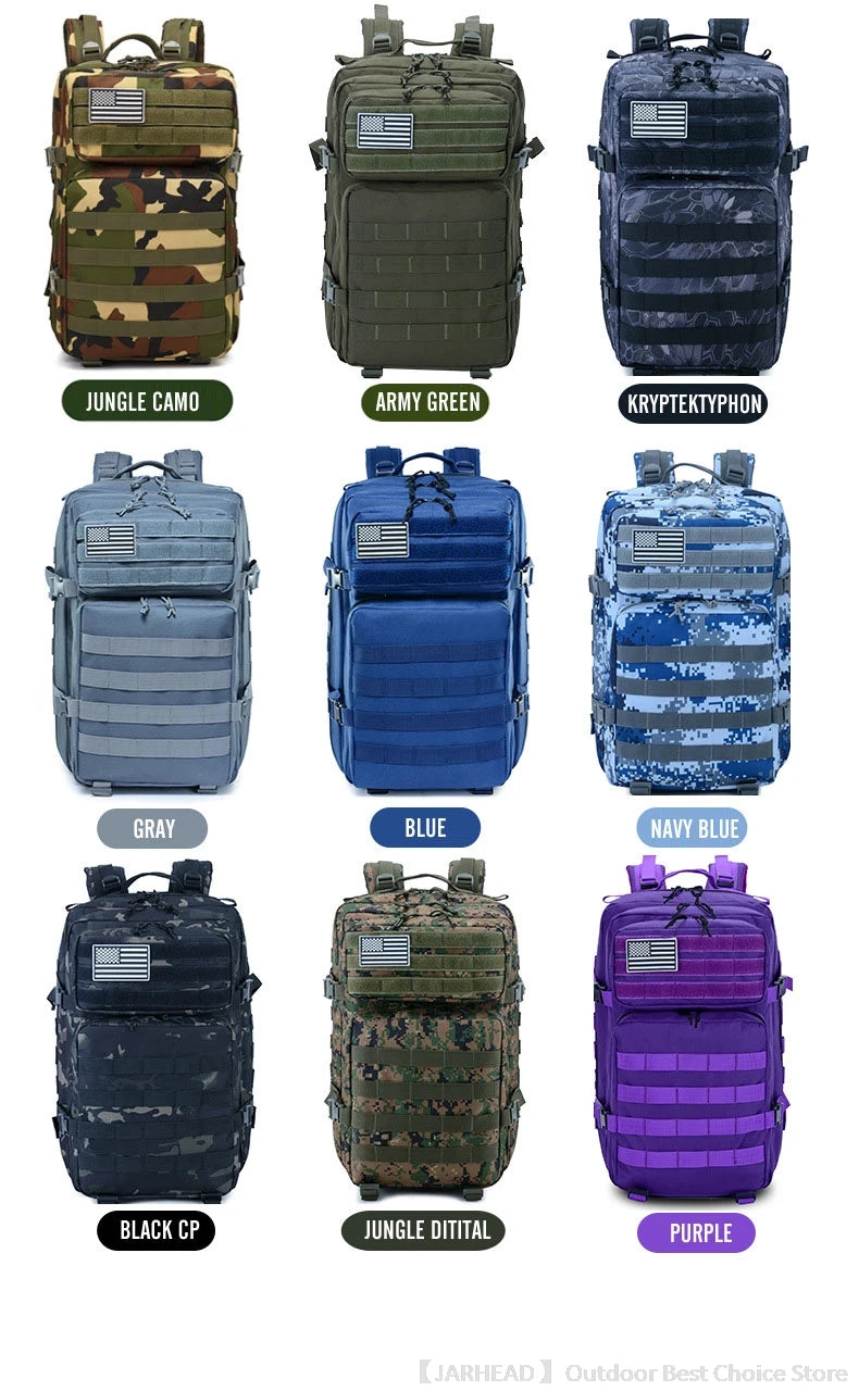 45L Tactical Backpack Outdoor Traveling Bag Fitness MOLLE Backpack School Pack GYM EDC Hiking Rucksack Witch Bottle Holder