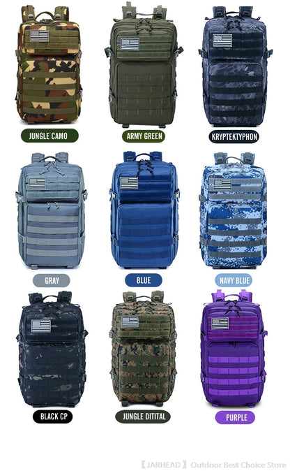 45L Tactical Backpack Outdoor Traveling Bag Fitness MOLLE Backpack School Pack GYM EDC Hiking Rucksack Witch Bottle Holder