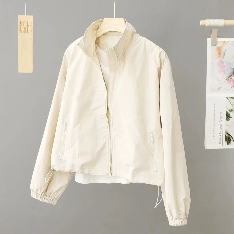 Spring Autumn Thin Cardigan Jacket Women's 2025 Jackets Zipper Long Sleeve Simple Fashionable Solid High-necked Female Coat Tops