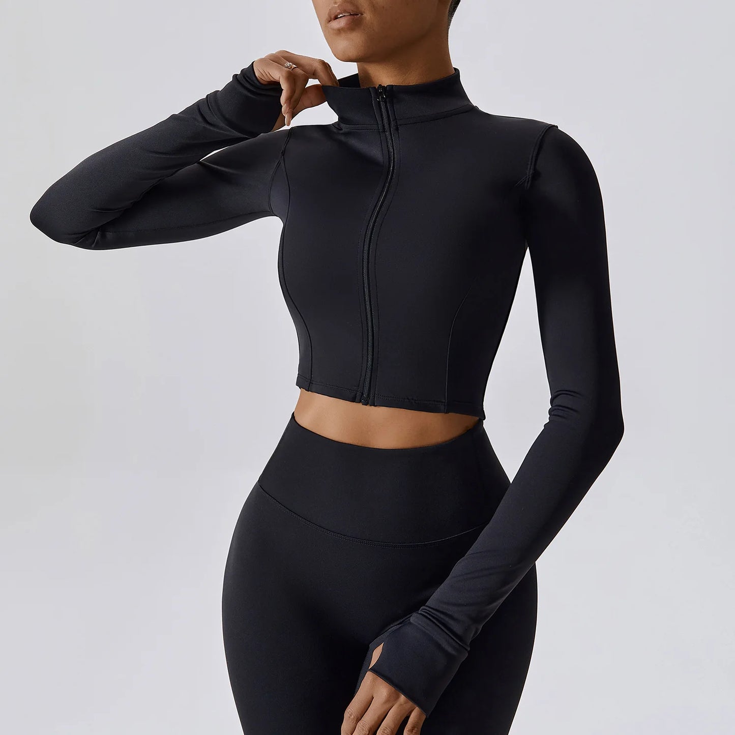 Women Zip Yoga Jacket Outdoor Running Sports Jacket Gym Push Up Fitness Long Sleeved Jacket Quick Drying Thumb Button Yoga Top