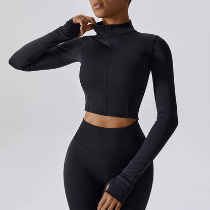 Women Zip Yoga Jacket Outdoor Running Sports Jacket Gym Push Up Fitness Long Sleeved Jacket Quick Drying Thumb Button Yoga Top