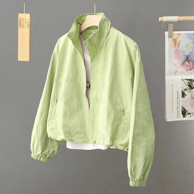 Spring Autumn Thin Cardigan Jacket Women's 2025 Jackets Zipper Long Sleeve Simple Fashionable Solid High-necked Female Coat Tops