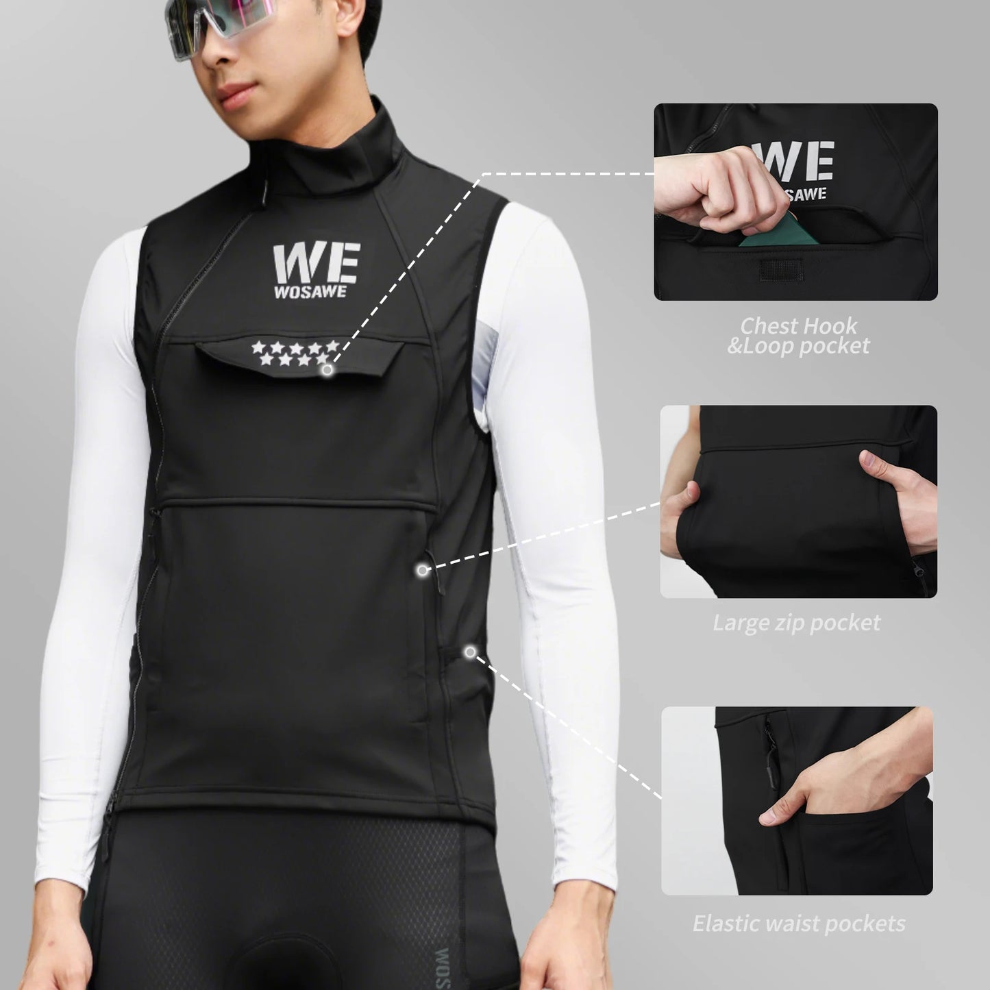 WOSAWE Thermal Winter Cycling Vest Windproof Bike Jacket Sleeveless Windbreaker Back Pockets for Men and Women