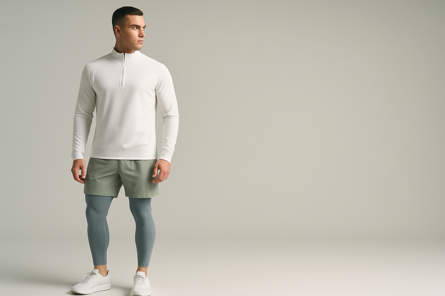 Professional-looking, athletic male model in modern activewear (white or neutral tones), standing confidently in a clean, minimal studio environment with soft lighting and a subtle gradient background. The composition should be left-aligned with ample empty space on the right for product placement or text overlay. A muted, premium colour palette (white, grey, soft olive, dusty blue) with no harsh shadows, no facial distractions — clean, fresh, and aspirational look suitable for luxury activewear branding.
